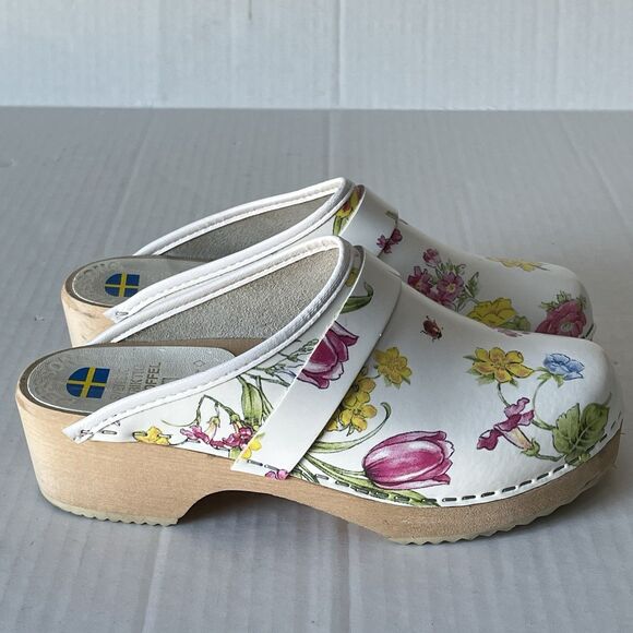 Swedish Svensk Fotriktig Tratoffel White Leather Floral Slip On Wooden Clogs 37 - Picture 3 of 11